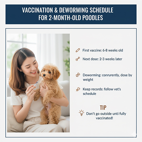 Lịch tiêm phòng và tẩy giun cho chó Poodle 2 tháng tuổi – mũi đầu 6–8 tuần, nhắc lại sau 2–3 tuần, tẩy giun theo cân nặng