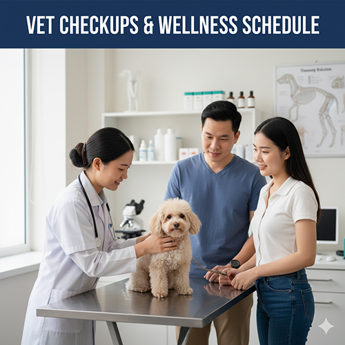 Bác sĩ thú y kiểm tra sức khỏe cho chó Poodle cùng chủ nuôi – lịch tiêm vaccine, tẩy giun và khám định kỳ.