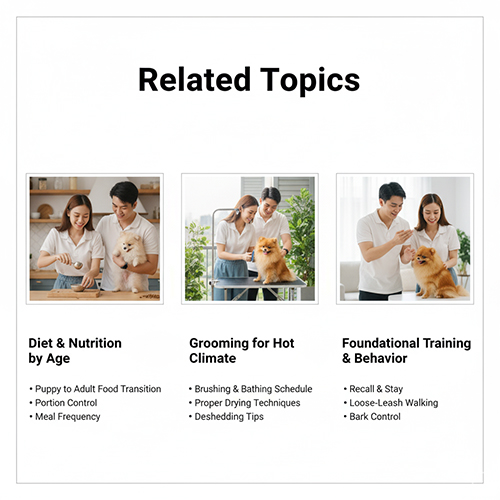 Bộ thẻ “Related Topics” cho Phốc Sóc: Dinh dưỡng theo độ tuổi, chăm lông mùa nóng ẩm, huấn luyện nền tảng.