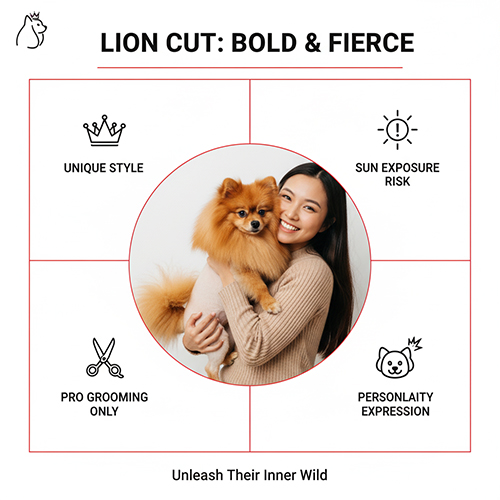 Kiểu cắt lông Lion Cut cho chó Phốc Sóc – thân cắt ngắn, giữ bờm và đuôi như sư tử, phong cách cá tính