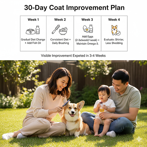 Lộ trình 30 ngày cải thiện lông chó Corgi – bổ sung dầu cá, rau củ, trứng gà và chăm sóc lông hàng ngày
