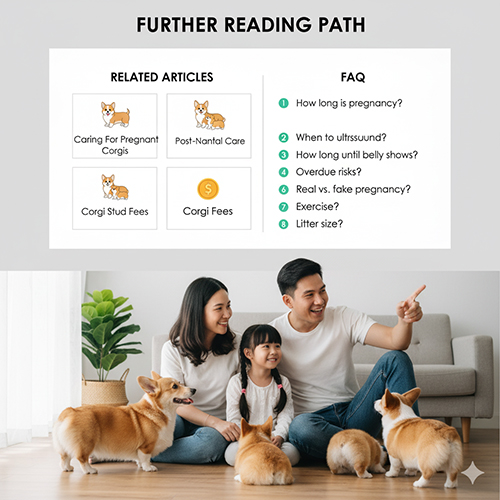 Gia đình cùng đàn chó Corgi, minh họa lộ trình đọc tiếp các bài viết liên quan như chăm sóc thai kỳ, sau sinh và giá phối giống.