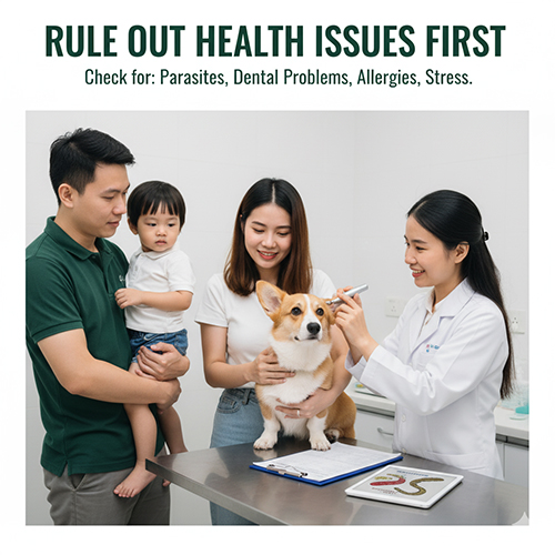 Bác sĩ thú y kiểm tra sức khỏe cho chó Corgi gầy để loại trừ nguyên nhân bệnh lý