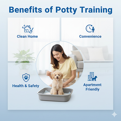 Lợi ích khi dạy chó Poodle đi vệ sinh vào khay: giữ nhà sạch sẽ, tiện lợi cho chủ bận, bảo vệ sức khỏe và phù hợp căn hộ