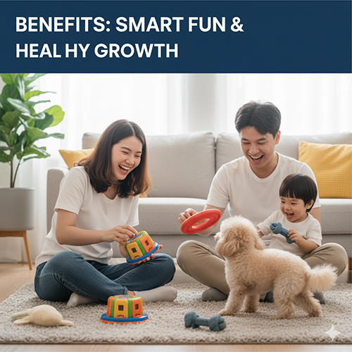 Gia đình chơi đồ chơi cùng chó Poodle – lợi ích: kích thích trí tuệ, vận động, răng khỏe, gắn kết với chủ