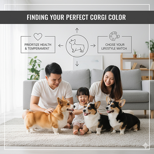 Gia đình vui vẻ chơi cùng ba chú Corgi nhiều màu lông, minh họa lời khuyên chọn màu phù hợp với lối sống và sức khỏe.