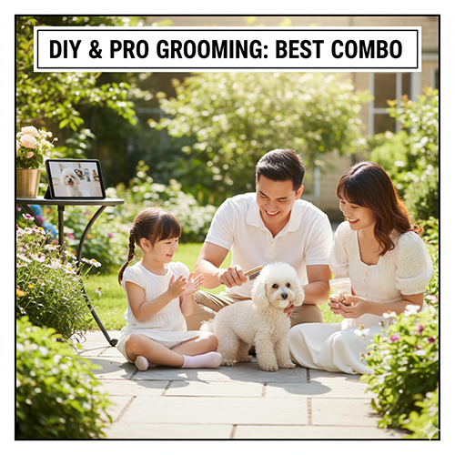 Gia đình cùng grooming chó Poodle ngoài trời, kết hợp grooming tại nhà và spa chuyên nghiệp