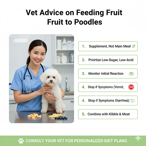 Lời khuyên bác sĩ thú y khi cho chó Poodle ăn hoa quả: chỉ bổ sung, chọn loại ít đường ít axit, theo dõi phản ứng, ngừng ngay nếu có triệu chứng, kết hợp với hạt và thịt