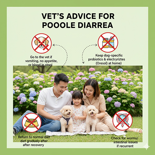 Lời khuyên từ bác sĩ thú y cho chó Poodle bị tiêu chảy: đưa đi khám nếu nôn hoặc có máu trong phân, luôn có oresol và men tiêu hóa cho chó, trở lại chế độ ăn thường từ từ, kiểm tra giun sán nếu tái phát