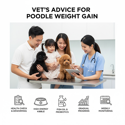 Lời khuyên từ bác sĩ thú y giúp Poodle tăng cân – kiểm tra sức khỏe, hạt dinh dưỡng, dầu cá, men tiêu hóa, theo dõi cân nặng.