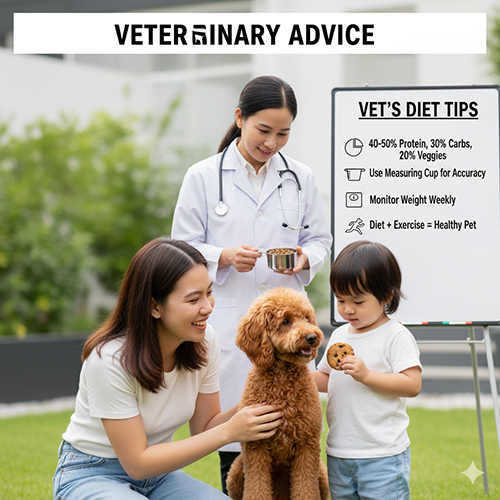 Lời khuyên từ bác sĩ thú y về khẩu phần ăn cho chó Poodle – 40–50% protein, 30% tinh bột, 20% rau củ, theo dõi cân nặng và kết hợp vận động.