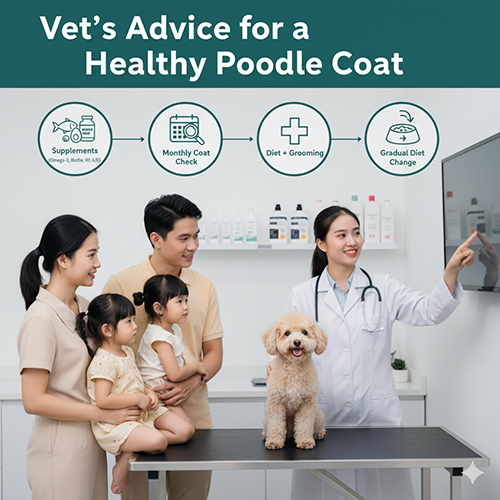 Lời khuyên bác sĩ thú y giúp lông chó Poodle đẹp – bổ sung omega-3, biotin, vitamin A & E, kiểm tra lông định kỳ, thay đổi khẩu phần hợp lý