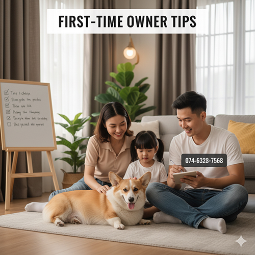 Gia đình được hướng dẫn lời khuyên nuôi chó Corgi lần đầu: ghi ngày phối giống, chuẩn bị tài chính và giữ liên hệ thú y.