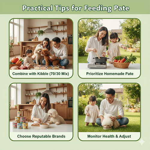 Lời khuyên khi cho chó Poodle ăn pate – kết hợp hạt, ưu tiên pate homemade, chọn thương hiệu uy tín, theo dõi sức khỏe