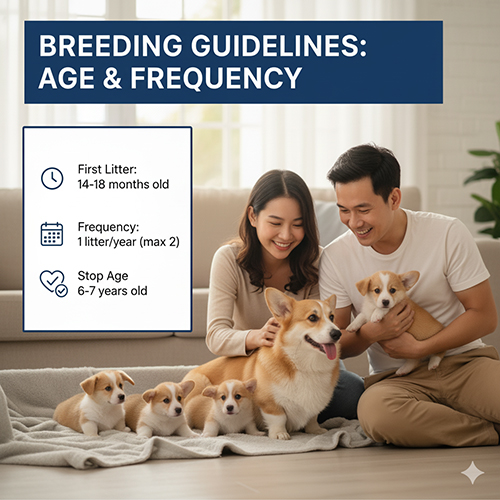 Lời khuyên về độ tuổi và tần suất đẻ ở Corgi: lần đầu 14–18 tháng, 1 lứa/năm, ngừng từ 6–7 tuổi để bảo vệ sức khỏe.