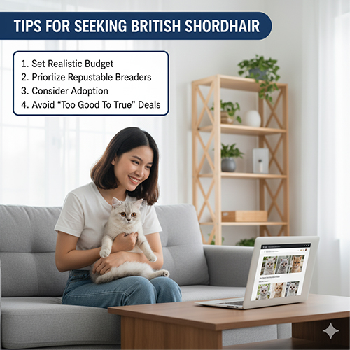 Cô gái ôm mèo Anh lông ngắn trước laptop hiển thị trang rao mèo, kèm checklist mẹo mua an toàn: ngân sách thực tế, ưu tiên trại uy tín, cân nhắc nhận nuôi, tránh deal quá rẻ.