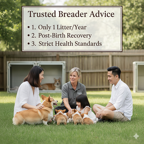 Lời khuyên từ trại phối giống Corgi uy tín: chỉ 1 lứa/năm, chăm sóc phục hồi sau sinh, tiêu chuẩn sức khỏe nghiêm ngặt.