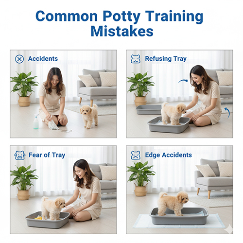 Các lỗi thường gặp khi dạy chó Poodle đi vệ sinh vào khay: đi sai chỗ, không chịu vào khay, sợ khay, đi ra mép khay