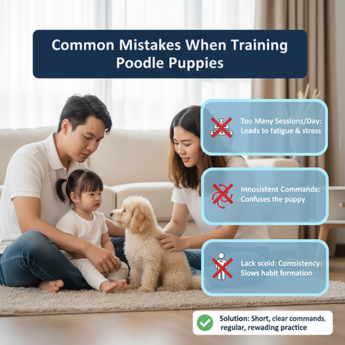 Lỗi thường gặp khi huấn luyện Poodle con: tập quá nhiều, khẩu lệnh dài và thay đổi, thiếu nhất quán trong khen thưởng.