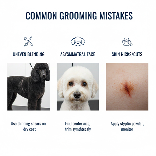 Lỗi thường gặp khi cắt tỉa lông Poodle và cách khắc phục: blend kém, mặt méo, lông cháy xơ, cắt phạm da