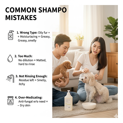 Gia đình chăm sóc Poodle với chai sữa tắm – minh họa lỗi thường gặp: chọn sai loại, dùng quá nhiều, không xả sạch, lạm dụng đặc trị