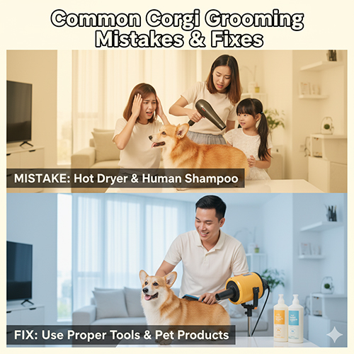 Minh họa lỗi thường gặp khi grooming chó Corgi – dùng máy sấy nóng, dầu gội người và cách khắc phục với dụng cụ, sản phẩm chuyên dụng