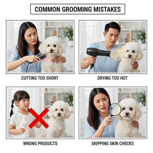 Các lỗi thường gặp khi grooming Poodle tại nhà như cắt lông quá sát, sấy nóng, dùng sai sản phẩm và bỏ qua kiểm tra da lông