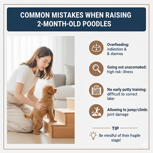 Lỗi thường gặp khi nuôi chó Poodle 2 tháng tuổi – cho ăn quá nhiều, ra ngoài khi chưa đủ mũi, không rèn vệ sinh, để leo cầu thang