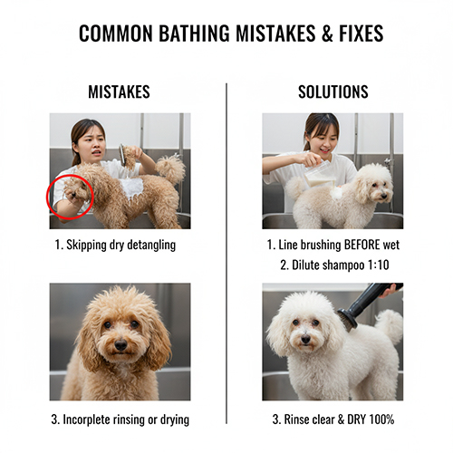 Lỗi thường gặp khi tắm Poodle và cách khắc phục: không gỡ rối khô, đổ dầu gội trực tiếp, xả – sấy chưa kỹ