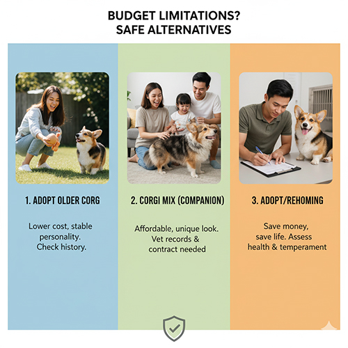 Lựa chọn thay thế khi ngân sách hạn chế: nhận nuôi Corgi trưởng thành, Corgi lai nuôi cảnh, hoặc adopt/rehoming an toàn