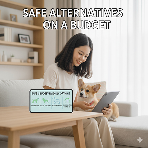 Người phụ nữ ngồi với chó Corgi và dùng tablet, minh họa các lựa chọn thay thế an toàn giá mềm như Corgi lai, Corgi trưởng thành, rehome, không giấy