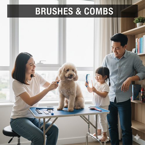 Gia đình dùng lược và bàn chải để grooming chó Poodle trên bàn chuyên dụng tại nhà