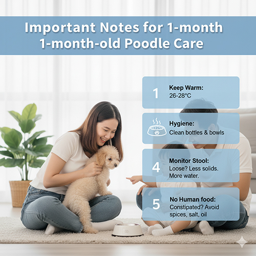 Lưu ý chăm sóc Poodle 1 tháng tuổi – giữ ấm, vệ sinh, theo dõi phân và không cho ăn đồ người