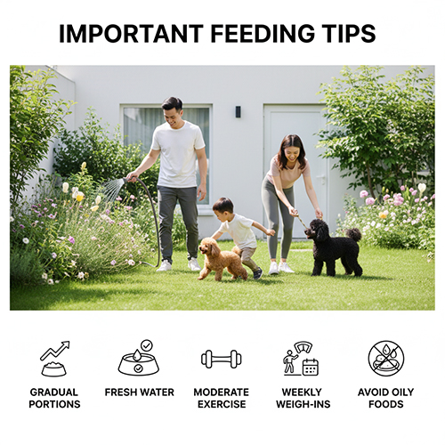 Lưu ý khi cho Poodle ăn để tăng cân – khẩu phần từ từ, nước sạch, vận động vừa phải, theo dõi cân nặng, tránh đồ dầu mỡ.