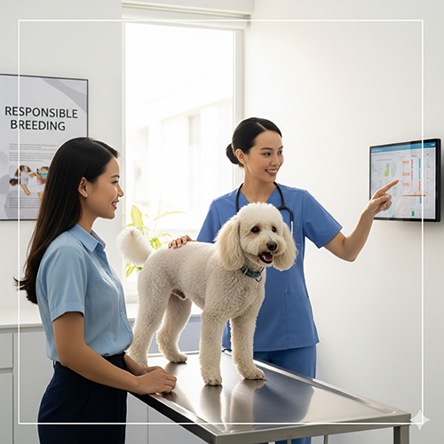 Bác sĩ thú y tư vấn cho chủ nuôi về chó Poodle trong phòng khám, minh họa lưu ý khi nhân giống.