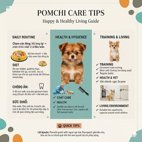 Lưu ý khi nuôi chó Pomchi – chăm sóc lông, chế độ ăn, sức khỏe và huấn luyện