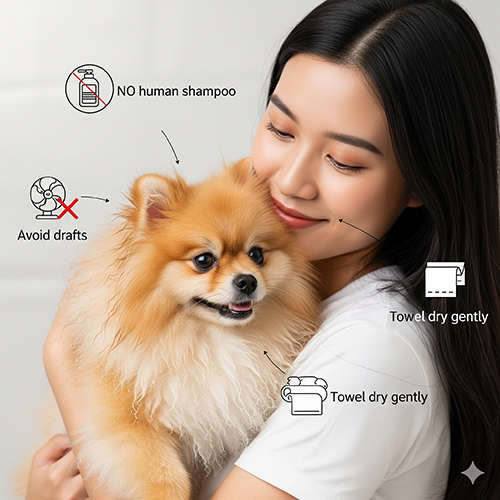 Lưu ý khi tắm cho chó Phốc Sóc: không dùng sữa tắm người, tránh gió lùa, không tắm khi ốm hoặc mới tiêm phòng, nên dùng dưỡng lông sau khi sấy