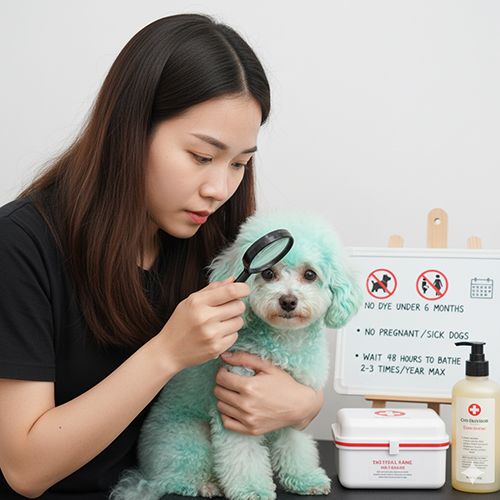 Lưu ý khi nhuộm lông chó Poodle: không nhuộm dưới 6 tháng tuổi, sau nhuộm chờ 48 giờ mới tắm, theo dõi dị ứng