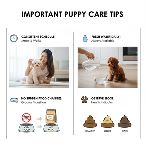 Lưu ý quan trọng khi nuôi Poodle con – giờ ăn, nước uống, đổi thức ăn và quan sát phân