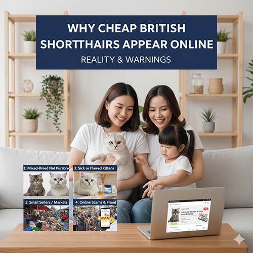 Gia đình bên mèo Anh lông ngắn với các ô minh họa 4 lý do giá rẻ: mèo lai, mèo bệnh hoặc lỗi, người bán nhỏ lẻ chợ thú cưng, lừa đảo online.