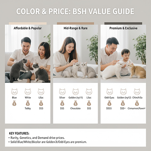 Bảng so sánh giá mèo Anh lông ngắn theo màu lông từ phổ biến đến hiếm và cao cấp