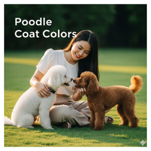 Hai chú chó Poodle màu trắng và nâu đỏ đang chơi đùa cùng cô gái, minh họa bảng màu lông Poodle phổ biến.