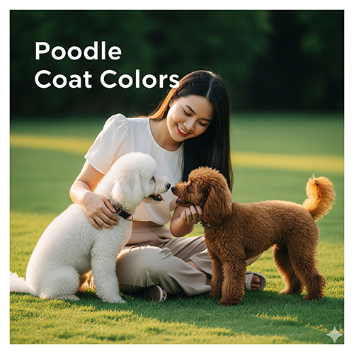 Hai chú chó Poodle màu trắng và nâu đỏ đang chơi đùa cùng cô gái, minh họa bảng màu lông Poodle phổ biến.