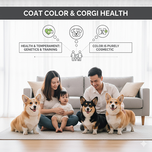 Gia đình ngồi chơi cùng ba chú Corgi nhiều màu lông, minh họa mối liên hệ giữa màu lông, sức khỏe và tính cách.