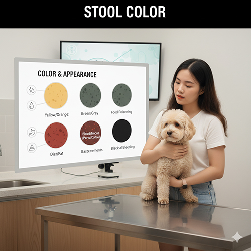 Quan sát màu phân chó Poodle để nhận biết nguyên nhân tiêu chảy: vàng do thức ăn, xanh/xám do ngộ độc, lẫn máu do Parvo hoặc viêm ruột, đen do xuất huyết tiêu hóa.