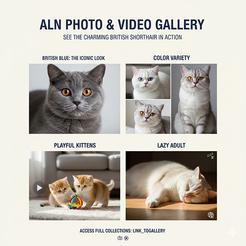 Gallery ảnh và video mèo Anh lông ngắn với 4 khung: cận mặt British Blue, đa dạng màu lông (trắng, bicolor, silver), mèo con chơi đồ chơi và mèo trưởng thành lười biếng