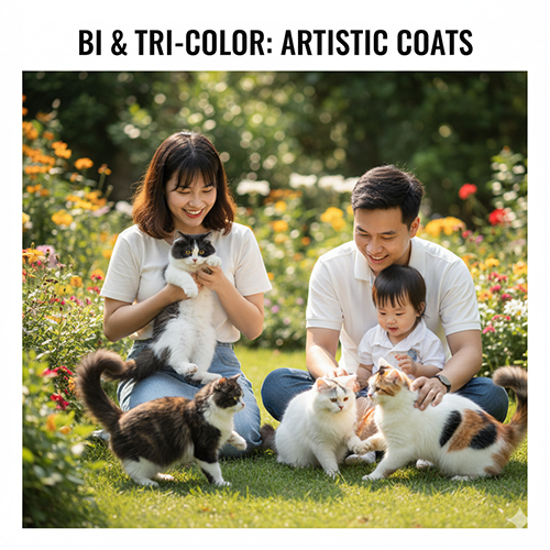 Gia đình vui đùa cùng mèo Anh lông ngắn bicolor và tricolor với nhiều mảng màu độc đáo trong vườn hoa