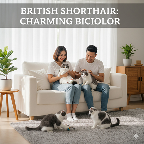 Cặp đôi và em bé chơi cùng mèo Anh lông ngắn bicolor lông trắng pha xám trong phòng khách