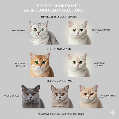 Các biến thể màu dễ nhầm lẫn của mèo Anh lông ngắn như silver tabby, silver shaded, golden ny11, ny12, blue, lilac và fawn