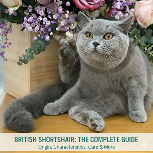 Mèo Anh lông ngắn (British Shorthair) màu blue mắt vàng, thân hình tròn chắc đang nằm cạnh bình hoa; ảnh minh họa cho bài hướng dẫn toàn tập về nguồn gốc, đặc điểm và chăm sóc